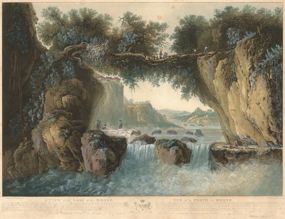 Вид на Ронский водопад. Гравюра Марии Престел с оригинала Луи Беланже, французского художника, мастера пейзажа в технике гуаши. 