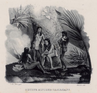 Группа южноамериканских индейцев камакана (лист 53 второго тома работы профессора Шинца Naturgeschichte und Abbildungen der Menschen und Säugethiere..., вышедшей в Цюрихе в 1840 году)