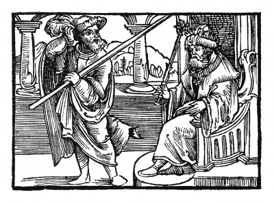 Офферус уходит от короля. Из "Жития Святого Христофора" (S. Christops Geburt und Leben) неизвестного немецкого мастера. Издал Johann Weyssenburger, Ландсхут, 1520. 