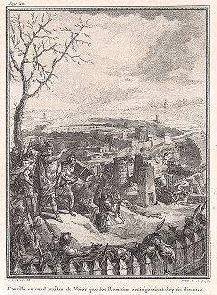Взятие Вейи Камиллом после десяти лет осады. Лист из "Краткой истории Рима" (Abrege De L'Histoire Romaine), Париж, 1760-1765 годы
