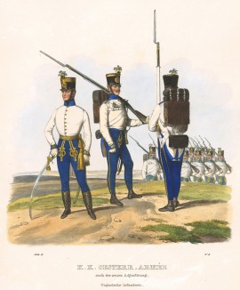 Офицер и солдаты венгерской пехоты австрийской армии (из K. K. Oesterreichische Armée nach der neuen Adjustirung in VI. abtheil. II te. Abtheil. Infanterie. Лист 8. Вена. 1837 год)