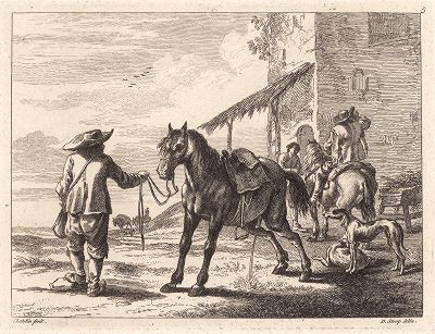 Лошади на постоялом дворе. Редкий офорт Жана Шателена по рисункам Дирка Ступа 1651 года. 