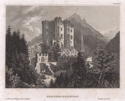 Замок Хоэншвангау или Гогеншвангау -- замок в Баварии. Meyer's Universum, Oder, Abbildung Und Beschreibung Des Sehenswerthesten Und Merkwurdigsten Der Natur Und Kunst Auf Der Ganzen Erde, Хильдбургхаузен, 1840 год.