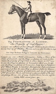 Лампри - жеребец необычайного размера и силы, грации и скорости. Выведен сэром Мэтью Пирсоном. С 1721 года победитель всех соревнований, в которых участвовал.