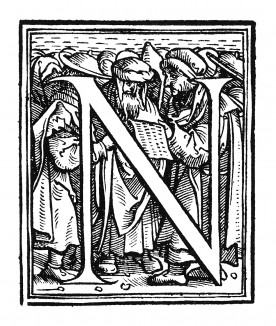 Инициал (буквица) N. Исполнил Ганс Бургкмайр для Martin Luther / Neues Testament. Издал Сильван Отмар, Аугсбург, 1523.