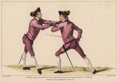 Позиция после обезоруживания удара из четвёртой позиции или второй после парированной первой (лист 39 знаменитого учебника по фехтованию Доменико Анджело, изданного в 1763 году в Лондоне). Репринт 1968 года.