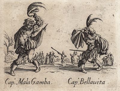 Капитан Мала Гамба и Капитан Беллавита. Офорт Жака Калло из серии Balli di Sfessania, 1621-22 гг. 