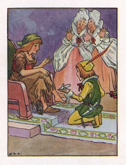 Золушка примеряет хрустальную туфельку. Лист из книги "Всё о Золушке", Нью-Йорк, 1916