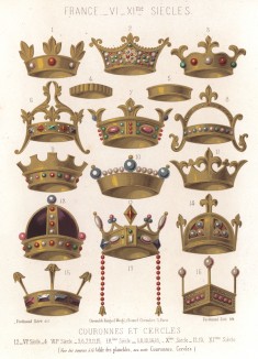 Короны и диадемы франкских правителей и правительниц VI–XI вв. (из Les arts somptuaires... Париж. 1858 год)