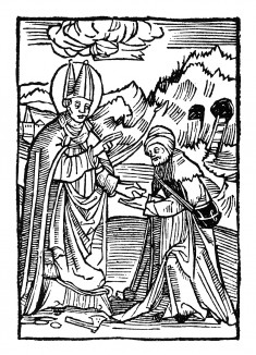 Дарование прощения страннику. Из "Жития Святого Вольфганга" (Das Leben S. Wolfgangs) неизвестного немецкого мастера. Издал Johann Weyssenburger, Ландсхут, 1515
