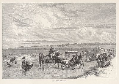 На пляже в окрестностях Ньюпорта, штат Род-Айленд. Лист из издания "Picturesque America", т.I, Нью-Йорк, 1872.
