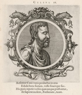 Авл Корнелий Цельс (1-я половина I века н.э.) -- Цицерон среди врачей (лист 18 иллюстраций к известной работе Medicorum philosophorumque icones ex bibliotheca Johannis Sambuci, изданной в Антверпене в 1603 году)
