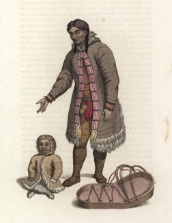 Женщина и ребёнок из племени самоедов (лист 45 иллюстраций к известной работе Эдварда Хардинга "Костюм Российской империи", изданной в Лондоне в 1803 году)