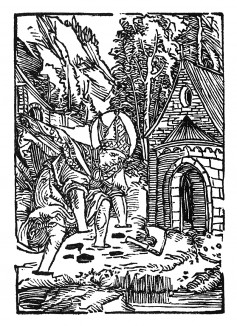 Чудо Святого Вольфганга о мягком камне. Из "Жития Святого Вольфганга" (Vita Divi Folfgangi) неизвестного немецкого мастера. Издал Johann Weyssenburger, Ландсхут, 1516