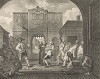 Ворота Кале, 1749. В 1748 г., делая зарисовки в Кале, Хогарт задержан французами по подозрению в шпионаже. «На память» об этом событии он рисует картину, где слева изображает самого себя. Ему на плечо уже опустилась тяжелая ладонь стражника. Лондон, 1838
