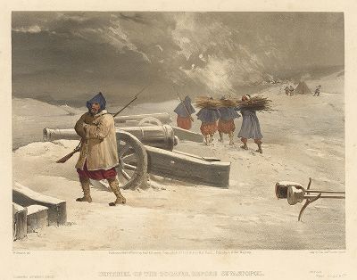 Французский зуав-часовой зимой 1855 года. The Seat of War in the East by William Simpson, Лондон, 1855 год. Часть I, лист 12