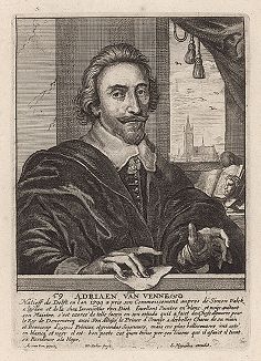 Адриан Питерс ван де Венне (1589 -- 1662 гг.) -- нидерландский рисовальщик, живописец и писатель. Гравюра Венцеслава Холлара с автопортрета художника. 