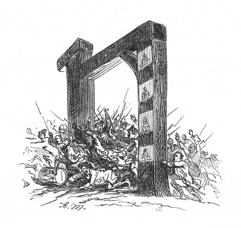 Инициал (буквица) N, предваряющий главу "Продолжение похода 1757 года. Росбах" книги Франца Кюглера "История Фридриха Великого". Рисовал Адольф Менцель. Лейпциг, 1842