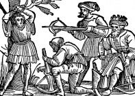 В Христофора стреляют из арбалета. Из "Жития Святого Христофора" (S. Christops Geburt und Leben) неизвестного немецкого мастера. Издал Johann Weyssenburger, Ландсхут, 1520. 