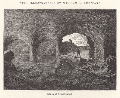 Внутри так называемого Природного туннеля, горы Аппалачи, штат Вирджиния. Лист из издания "Picturesque America", т.I, Нью-Йорк, 1872.