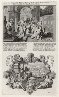 1. Иосиф освобождает израильтян из египетского плена 2. Иосиф возвращается на родину (из Biblisches Engel- und Kunstwerk -- шедевра германского барокко. Гравировал неподражаемый Иоганн Ульрих Краусс в Аугсбурге в 1700 году)