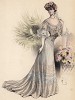 Модель в бальном платье от Laferrier, украшенном кружевным шитьём, в перчатках, с веером и цветком в "марсельских волнах" (Les grandes modes de Paris за 1903 год. Ноябрь)