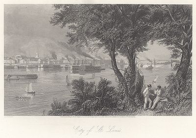 Вид на город Сент-Луис и реку Миссисипи. Лист из издания "Picturesque America", т.II, Нью-Йорк, 1874.