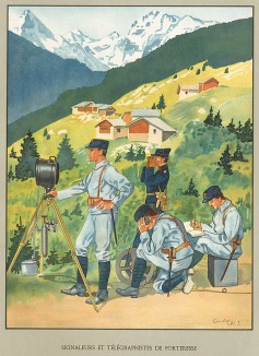 Сигнальщик и телеграфисты подразделений швейцарских горных стрелков во время Первой мировой войны. Notre armée. Женева, 1915