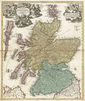 Карта севера Великобритании и Шотландского Королевства. Magnae Britanniae Pars Septentrionalis qua Regnum Scotiae in Suas Partes et subjacentes Insulas divisum. 