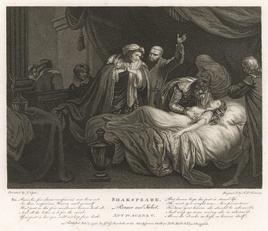 Иллюстрация к трагедии Шекспира "Ромео и Джульетта", акт IV, сцена V: Уснувшая Джульетта, которую вся семья считает умершей . Graphic Illustrations of the Dramatic works of Shakspeare, Лондон, 1803.