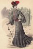 Парижанка в клетчатом платье, карминово-красной шляпе, украшенной бантами, и корсете, который придаёт её фигуре модерновый S-образный профиль (Les grandes modes de Paris за 1903 год. Август)