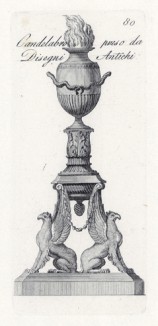 Канделябр, изготовленный по античному образцу (лист 80 из Manuale di vari ornamenti contenete la serie del candelabri antichi. Рим. 1790 год)