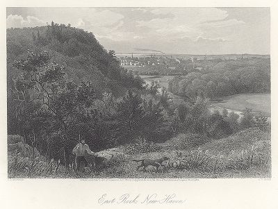 Вид на Нью-Хейвен, штат Коннектикут, со стороны возвышенности Ист-рок. Лист из издания "Picturesque America", т.II, Нью-Йорк, 1874.