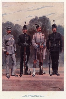 Офицер и нижние чины Лондонского полка (иллюстрация к His Magesty's Territorial Army... Лондон. 1911 год)