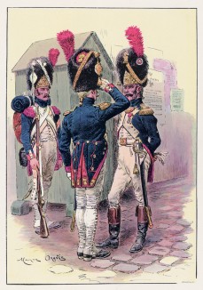 Гренадеры Старой гвардии в парадной форме образца 1809 года (иллюстрация к работе "Императоская Гвардия в 1804--1815 гг." Париж. 1901 год. (экземпляр № 303 из 606 принадлежал голландскому генералу H. J. Sharp (1874 -- 1957))