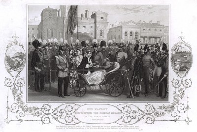 18 мая 1856 г. Королева Виктория вручает "крымские медали" своим конногвардейцам. Генри Тиррелл, The history of the war with Russia. Лондон, 1856
