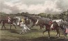 Cкаковые лошади на ипподроме готовятся к кентеру - сдержанному галопу. Ready for a сanter (англ.). Английская гравюра 2-й четверти XIX века по рисунку Генри Томаса Алкена