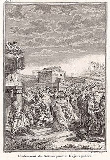 Изгнание сабинян во время публичных игр. Лист из "Краткой истории Рима" (Abrege De L'Histoire Romaine), Париж, 1760-1765 годы