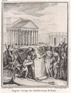 Август занят благоустройством Рима. Лист из "Краткой истории Рима" (Abrege De L'Histoire Romaine), Париж, 1760-1765 годы