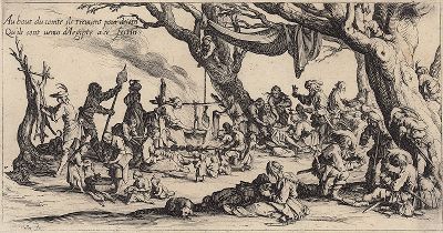 Цыгане на привале: приготовление к празднику. Офорт Жака Калло из сюиты "Цыгане", лист 4, около 1621-31 гг.