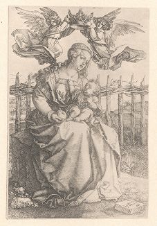 Мадонна, коронуемая двумя ангелами. Гравюра Альбрехта Дюрера, выполненная в 1518 году (Репринт 1928 года. Лейпциг)