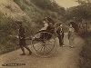 Рикша с двумя пассажирами и идущие по дороге в Иокогаме японки. Крашенная вручную японская альбуминовая фотография эпохи Мэйдзи (1868-1912). 