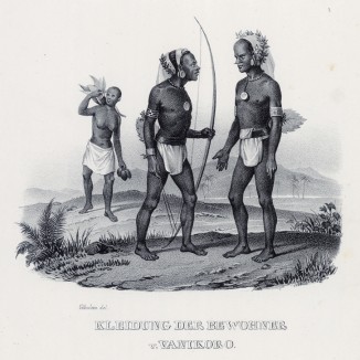 Меланезийцы с острова Ваникоро (лист 7 второго тома работы профессора Шинца Naturgeschichte und Abbildungen der Menschen und Säugethiere..., вышедшей в Цюрихе в 1840 году)