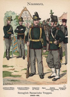 Униформа пехоты герцогства Нассау образца 1862-66 гг. Uniformenkunde Рихарда Кнотеля, часть 2, л.20. Ратенау (Германия), 1891