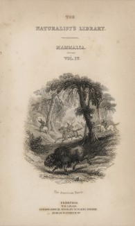 Титульный лист X тома "Библиотеки натуралиста" Вильяма Жардина, изданного в Эдинбурге в 1843 году и посвящённого Джону Хантеру (на миниатюре сцена охоты на бизона)