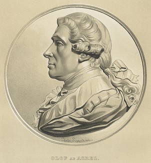 Олоф аф Акрел (26 ноября 1717 - 28 мая 1806), выдающийся хирург. Galleri af Utmarkta Svenska larde Mitterhetsidkare orh Konstnarer. Стокгольм, 1842