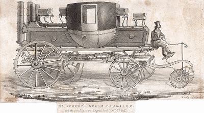 Экипаж на паровом ходу, изобретенный Голдсуорти Гёрни, во время испытаний в Риджентс-парке 6 ноября 1827 года. Лист обрезан.