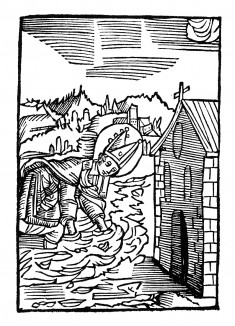 Чудо Святого Вольфганга о мягком камне. Из "Жития Святого Вольфганга" (Das Leben S. Wolfgangs) неизвестного немецкого мастера. Издал Johann Weyssenburger, Ландсхут, 1515