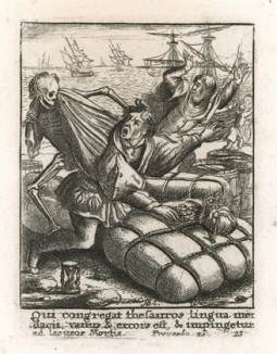 Купец, благополучно вернувшийся из далекого плаванья, встречается со Смертью в порту ("Пляски смерти" Ганса Гольбейна Младшего, гравированные Венцеслаусом Холларом (лист 23))