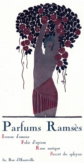 Парфюмерный дом Рамзес, основанный в 1916 году господами де Бертало и Оросди-Баком. Реклама серий Ivresse d'amour, Folie d'opium, Rose antique, Secret du sphynx, выпускавшихся в 1920-е годы. Les feuillets d'art. Париж, 1920 